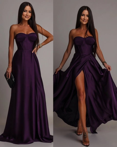Elegancka sukienka maxi wiązana na plecach satynowa fioletowa PREMIUM