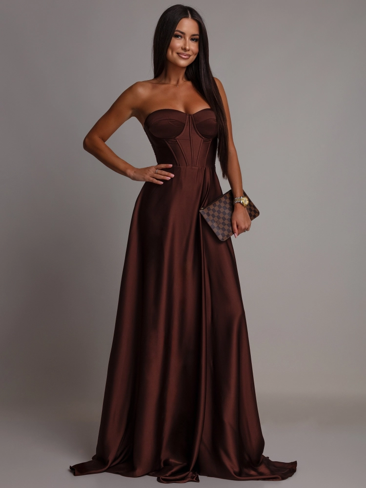 Elegancka sukienka maxi wiązana na plecach satynowa czekoladowa PREMIUM