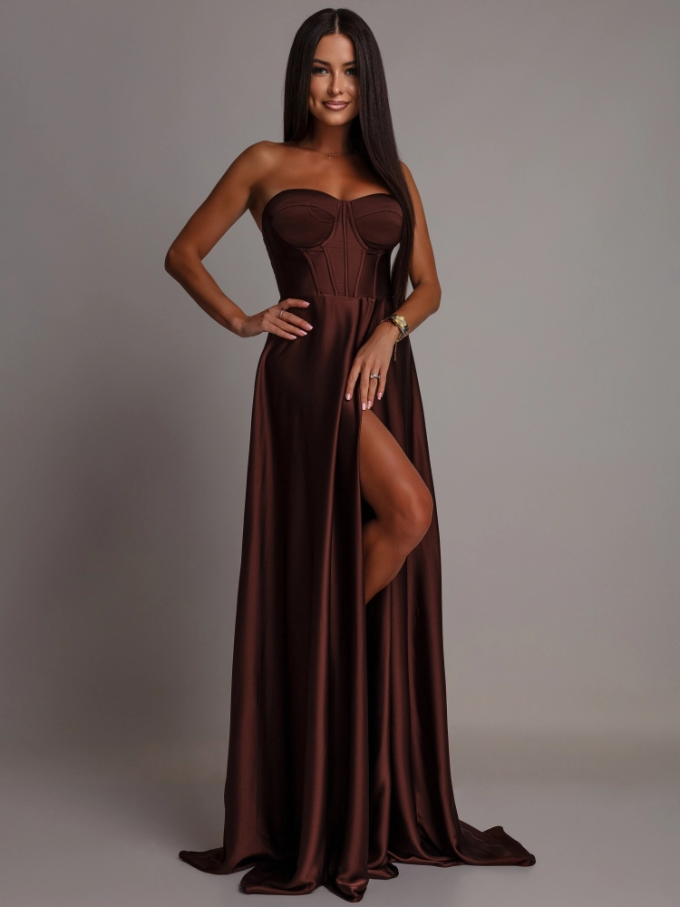 Elegancka sukienka maxi wiązana na plecach satynowa czekoladowa PREMIUM