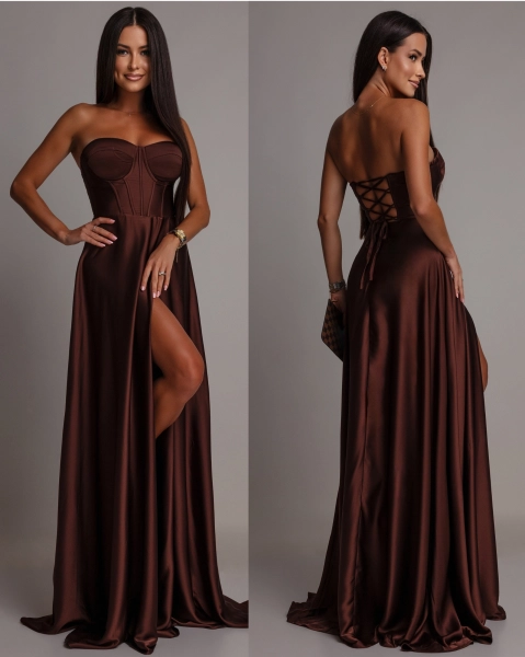 Elegancka sukienka maxi wiązana na plecach satynowa czekoladowa PREMIUM
