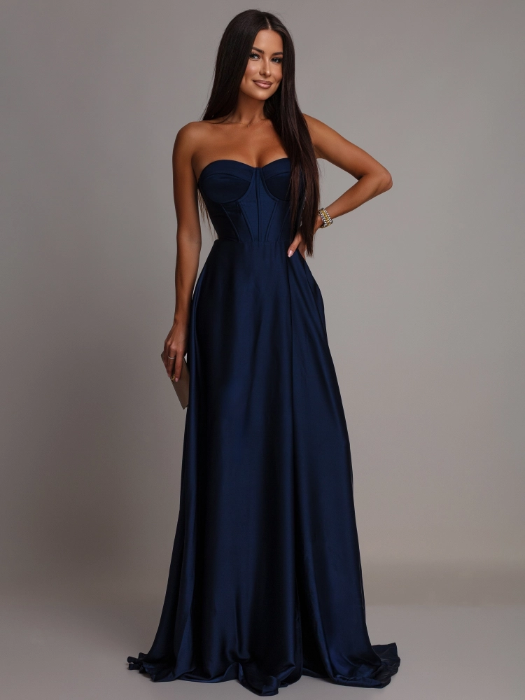 Elegancka sukienka maxi wiązana na plecach satynowa granatowa PREMIUM