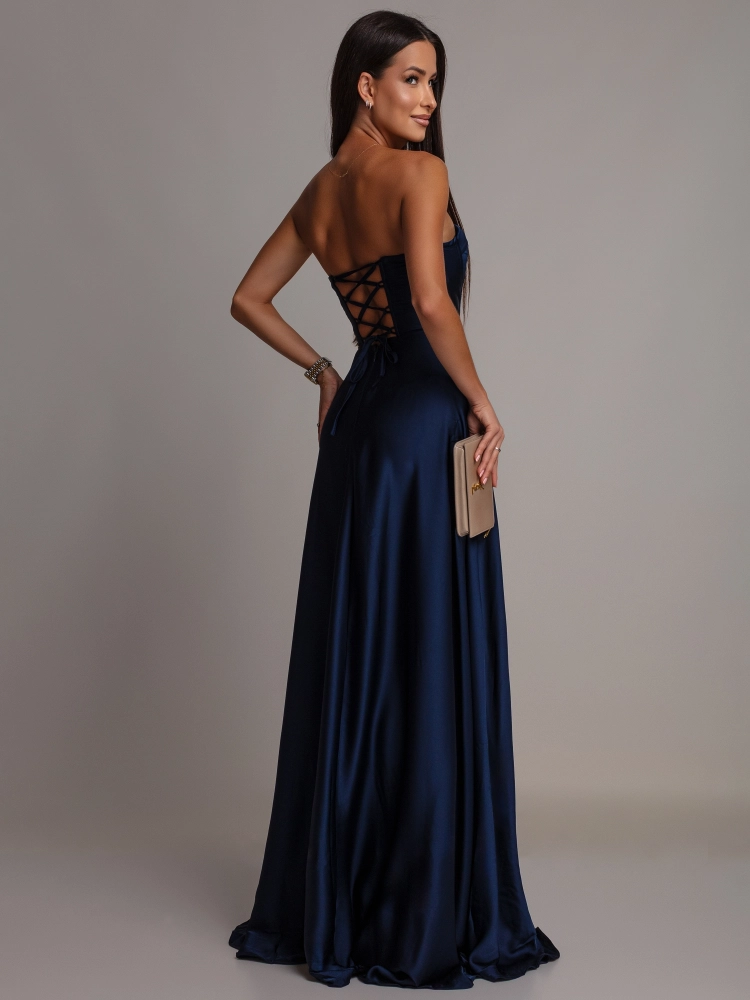 Elegancka sukienka maxi wiązana na plecach satynowa granatowa PREMIUM