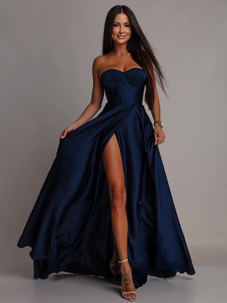 Elegancka sukienka maxi wiązana na plecach satynowa granatowa PREMIUM