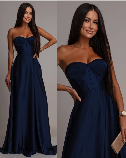 Elegancka sukienka maxi wiązana na plecach satynowa granatowa PREMIUM