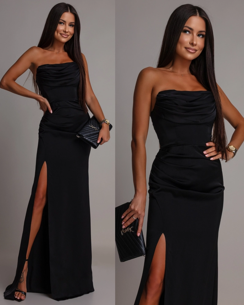 Elegancka sukienka maxi gorsetowa klasyczna z rozcięciem czarna PREMIUM