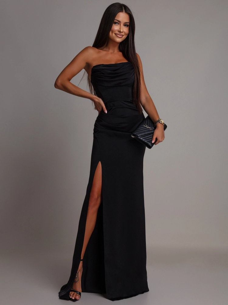 Elegancka sukienka maxi gorsetowa klasyczna z rozcięciem czarna PREMIUM