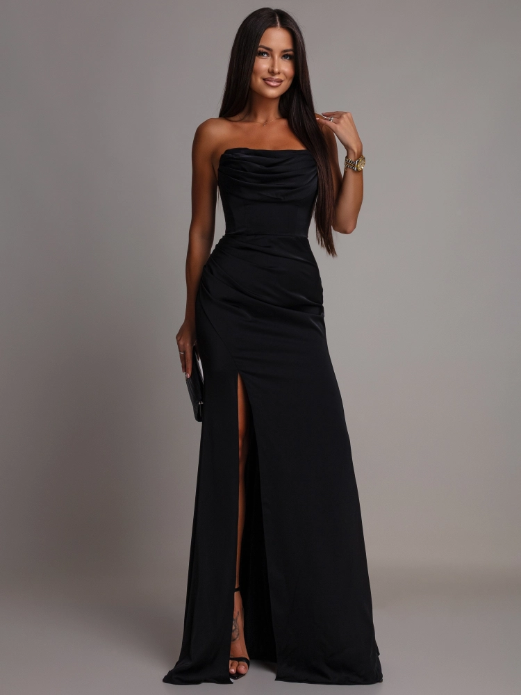 Elegancka sukienka maxi gorsetowa klasyczna z rozcięciem czarna PREMIUM