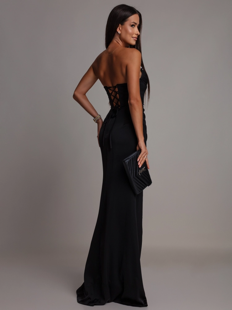 Elegancka sukienka maxi gorsetowa klasyczna z rozcięciem czarna PREMIUM