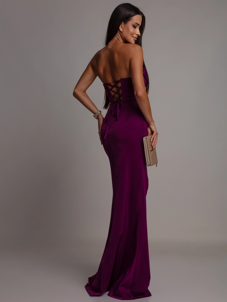 Elegancka sukienka maxi gorsetowa klasyczna z rozcięciem fioletowa PREMIUM