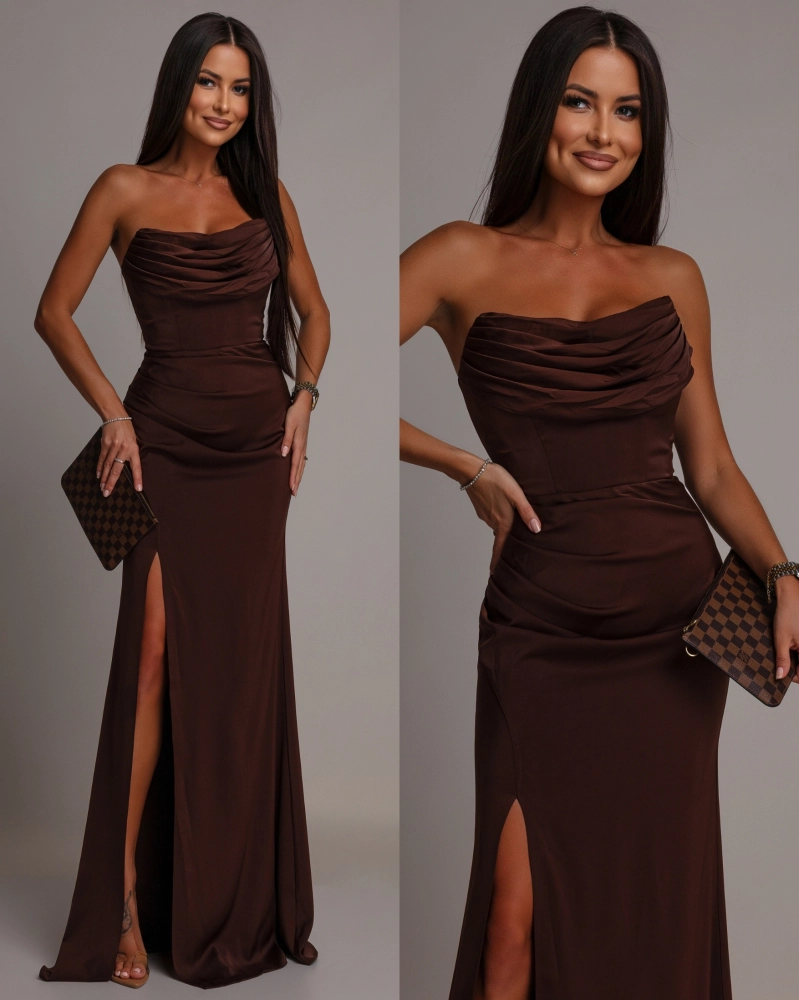 Elegancka sukienka maxi gorsetowa klasyczna z rozcięciem brązowa PREMIUM