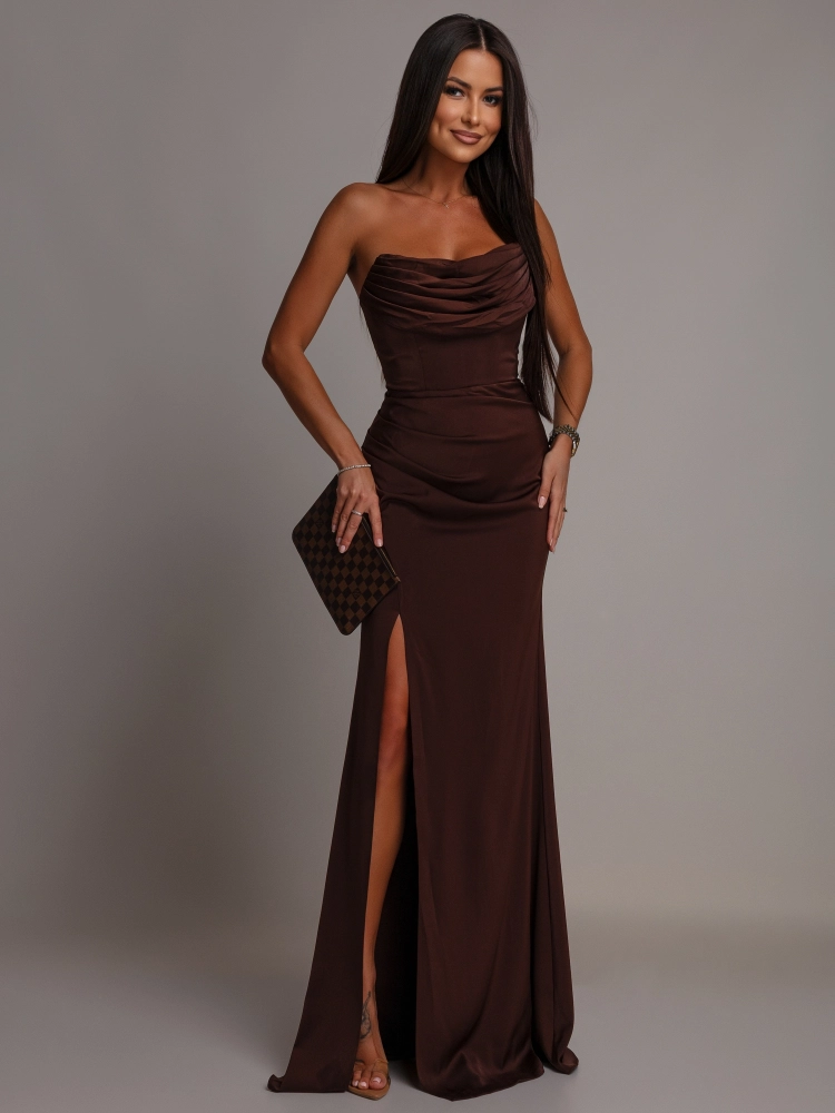 Elegancka sukienka maxi gorsetowa klasyczna z rozcięciem brązowa PREMIUM