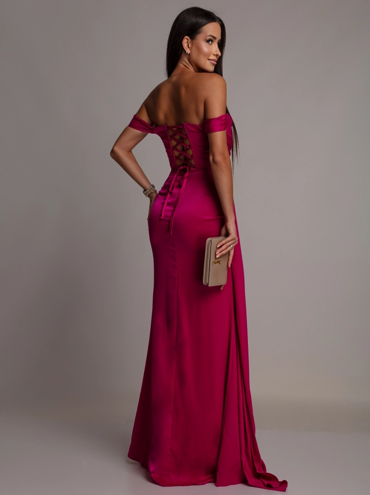 Elegancka sukienka maxi gorsetowa klasyczna z rozcięciem i rękawkami fuksja PREMIUM