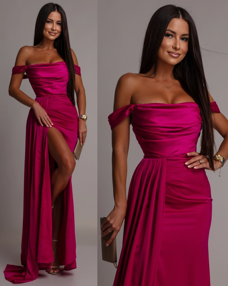 Elegancka sukienka maxi gorsetowa klasyczna z rozcięciem i rękawkami fuksja PREMIUM