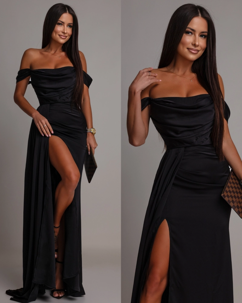 Elegancka sukienka maxi gorsetowa klasyczna z rozcięciem i rękawkami czarna PREMIUM
