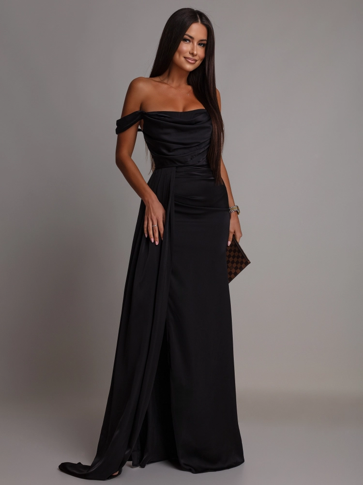 Elegancka sukienka maxi gorsetowa klasyczna z rozcięciem i rękawkami czarna PREMIUM