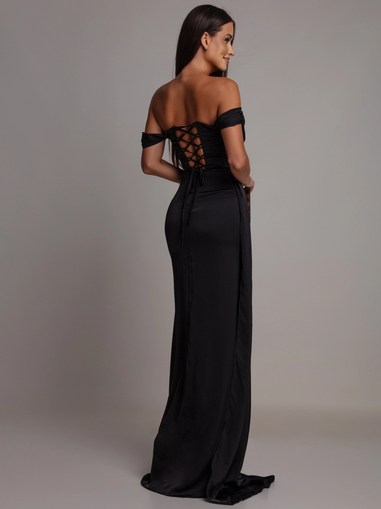 Elegancka sukienka maxi gorsetowa klasyczna z rozcięciem i rękawkami czarna PREMIUM