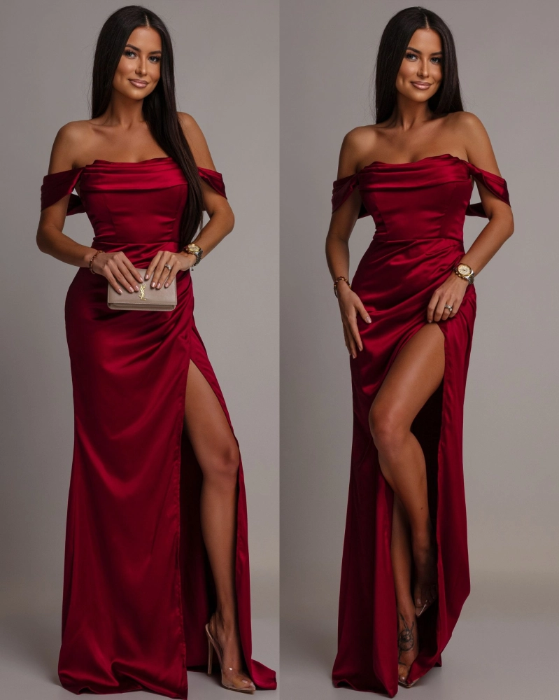 Elegancka sukienka maxi satynowa z opadającymi ramiączkami bordowa PREMIUM
