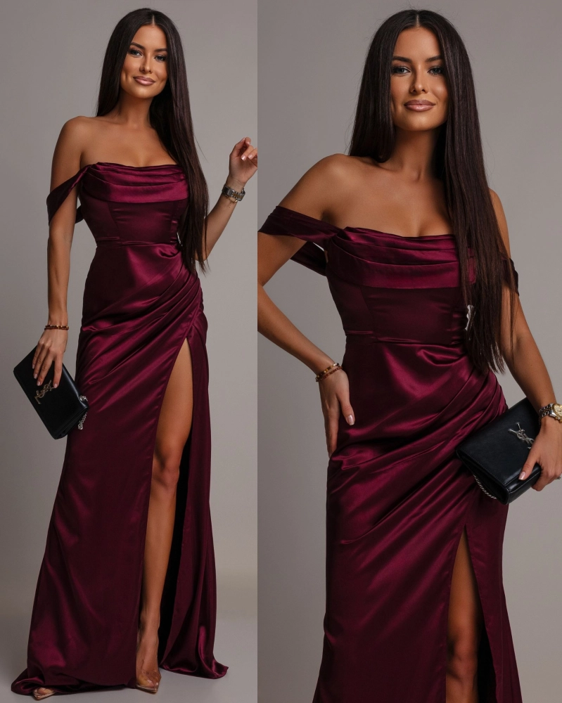 Elegancka sukienka maxi satynowa z opadającymi ramiączkami wino PREMIUM