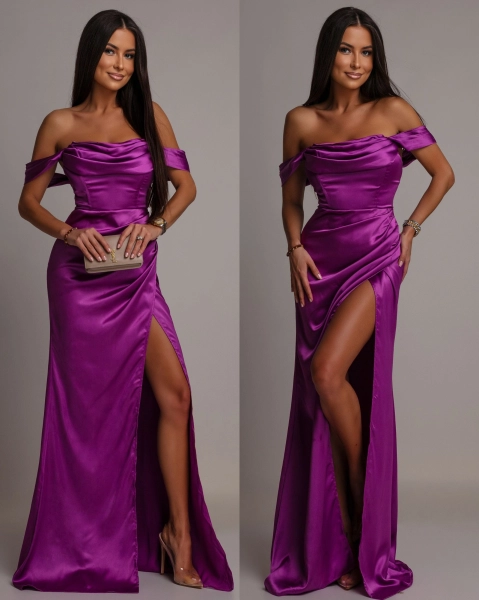 Elegancka sukienka maxi satynowa z opadającymi ramiączkami fiolet PREMIUM