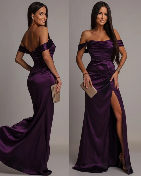 Elegancka sukienka maxi satynowa z opadającymi ramiączkami śliwka PREMIUM