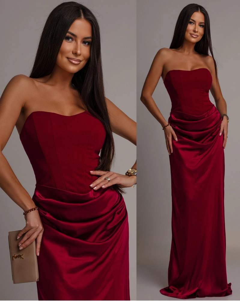 Elegancka sukienka maxi gorsetowa satynowa bordowa PREMIUM