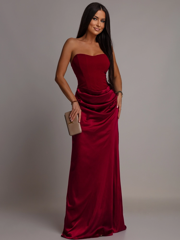 Elegancka sukienka maxi gorsetowa satynowa bordowa PREMIUM