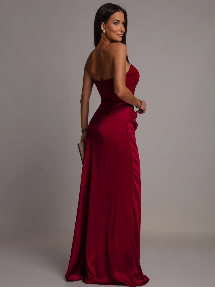 Elegancka sukienka maxi gorsetowa satynowa bordowa PREMIUM
