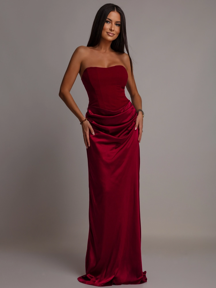 Elegancka sukienka maxi gorsetowa satynowa bordowa PREMIUM