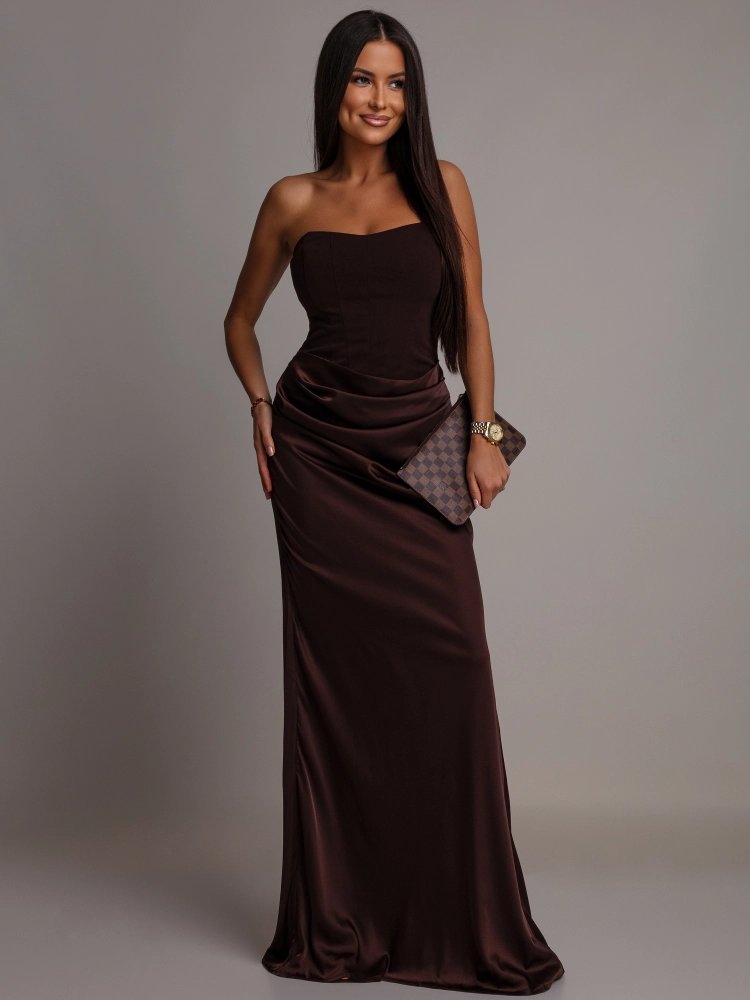Elegancka sukienka maxi gorsetowa satynowa czekoladowa PREMIUM