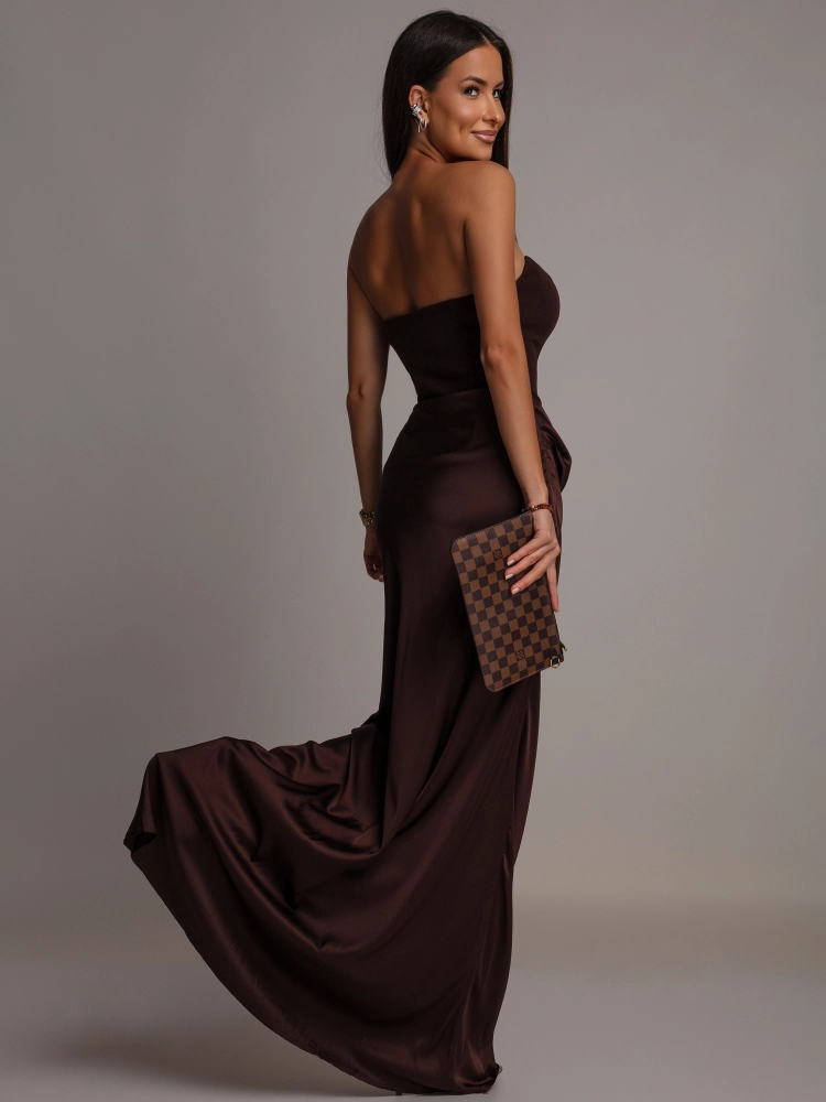 Elegancka sukienka maxi gorsetowa satynowa czekoladowa PREMIUM