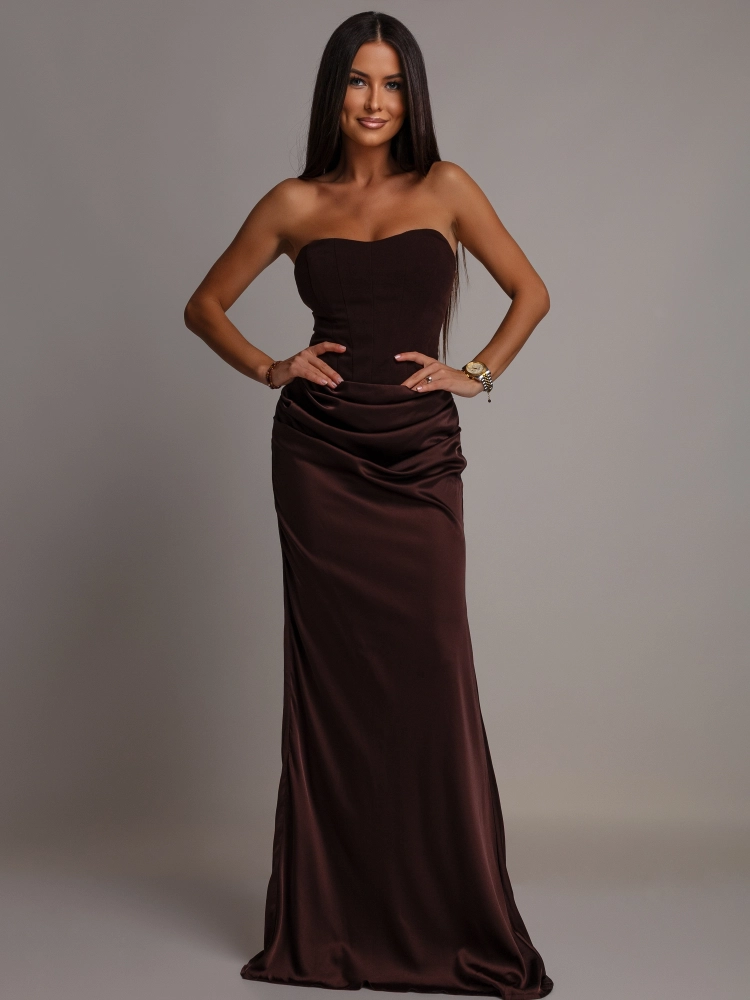 Elegancka sukienka maxi gorsetowa satynowa czekoladowa PREMIUM
