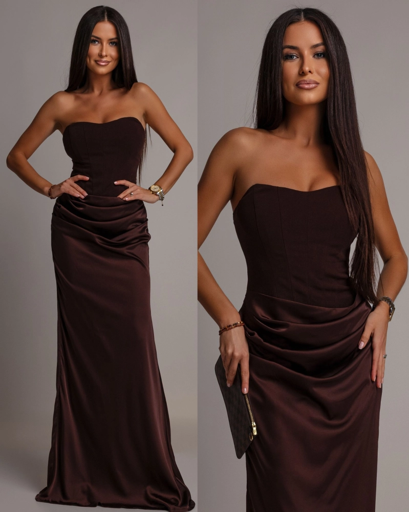 Elegancka sukienka maxi gorsetowa satynowa czekoladowa PREMIUM
