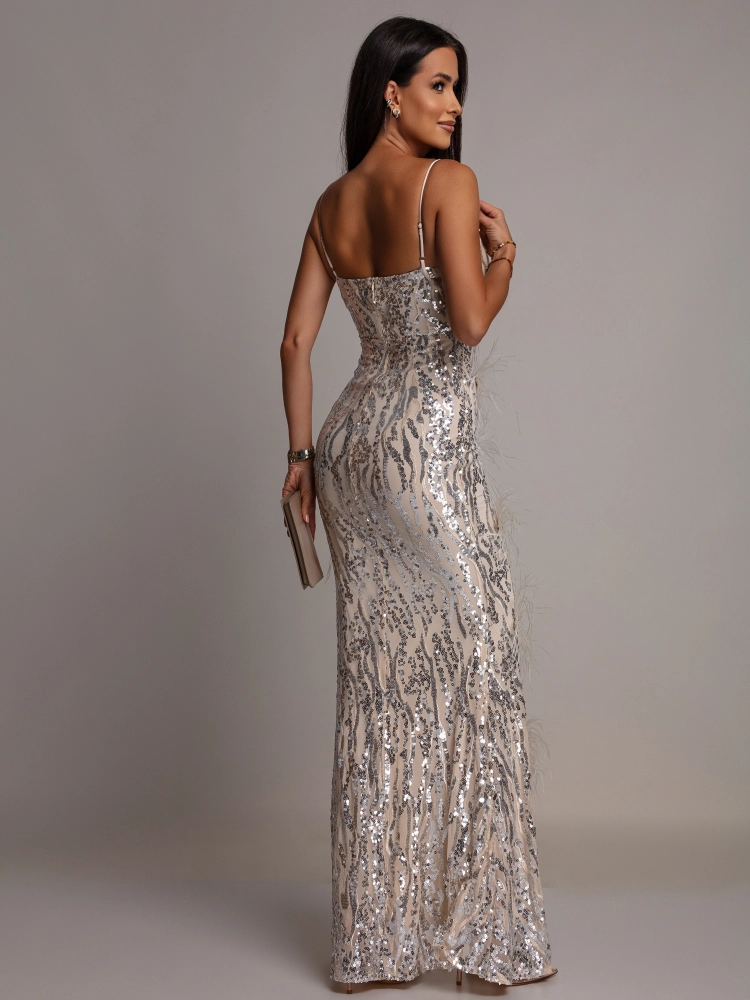 Elegancka sukienka MAXI z kryształkami i piórkami beżowo srebrna PREMIUM