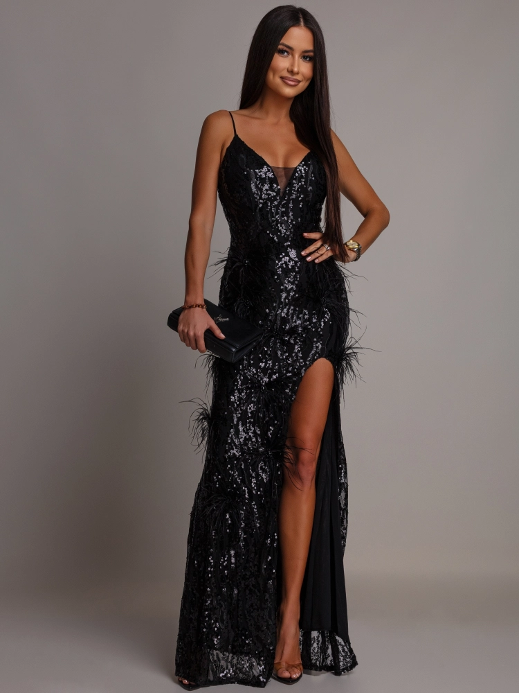 Elegancka sukienka MAXI z kryształkami i piórkami czarna PREMIUM