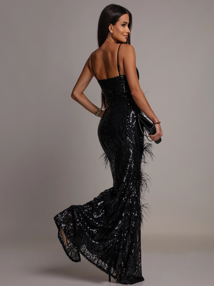 Elegancka sukienka MAXI z kryształkami i piórkami czarna PREMIUM