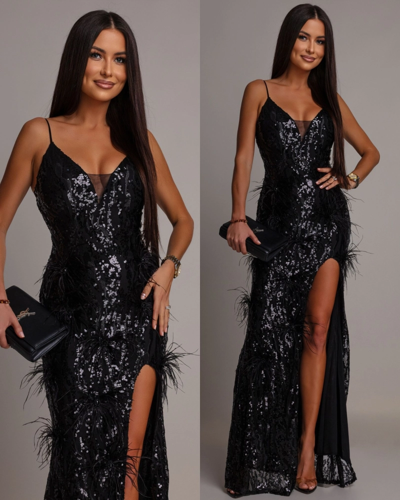 Elegancka sukienka MAXI z kryształkami i piórkami czarna PREMIUM