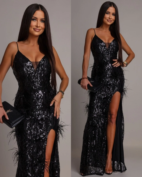 Elegancka sukienka MAXI z kryształkami i piórkami czarna PREMIUM