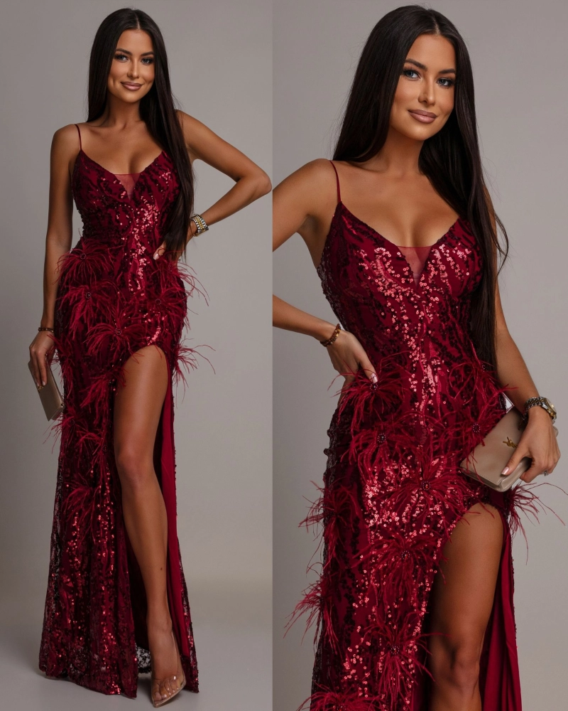 Elegancka sukienka MAXI z kryształkami i piórkami bordowa PREMIUM
