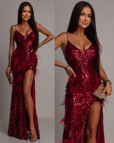 Elegancka sukienka MAXI z kryształkami i piórkami bordowa PREMIUM