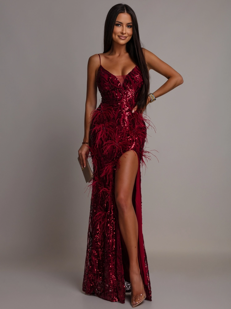 Elegancka sukienka MAXI z kryształkami i piórkami bordowa PREMIUM