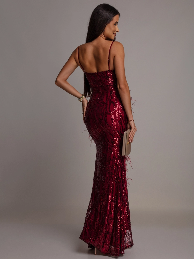 Elegancka sukienka MAXI z kryształkami i piórkami bordowa PREMIUM