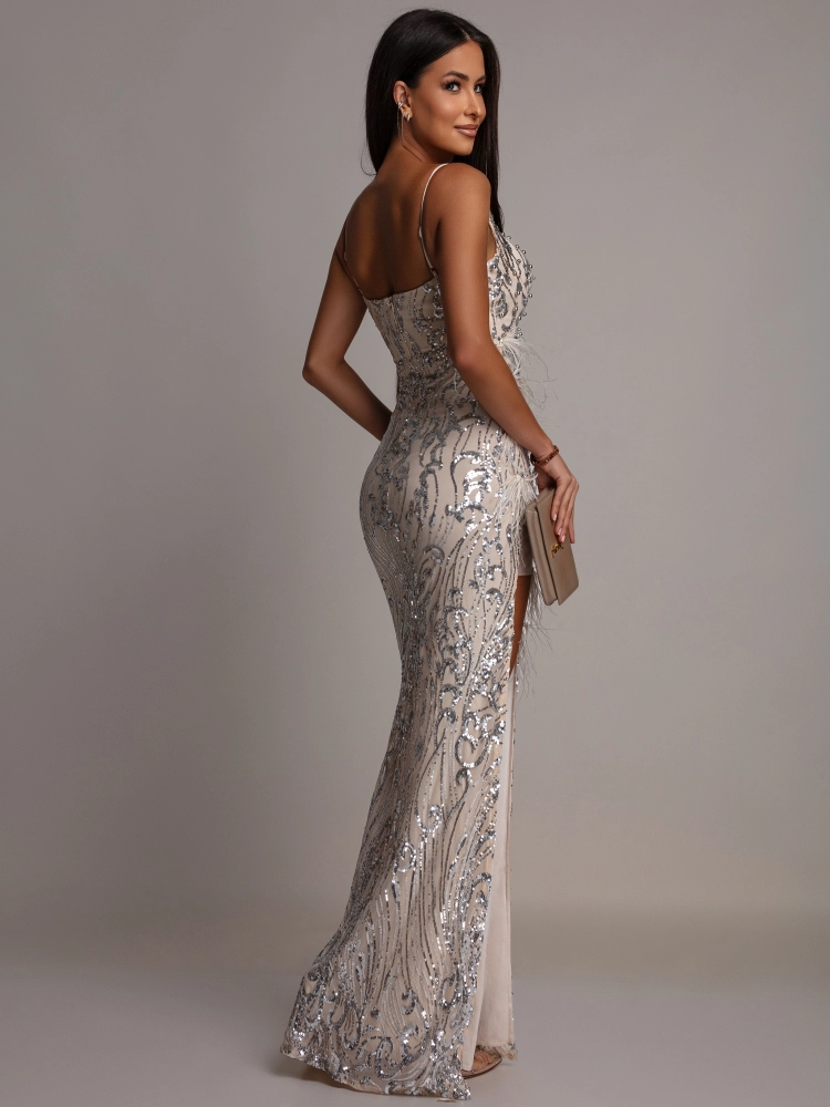 Elegancka sukienka MAXI z perełkami i piórkami beżowo srebrna PREMIUM