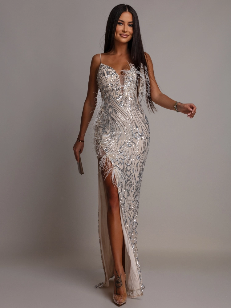 Elegancka sukienka MAXI z perełkami i piórkami beżowo srebrna PREMIUM