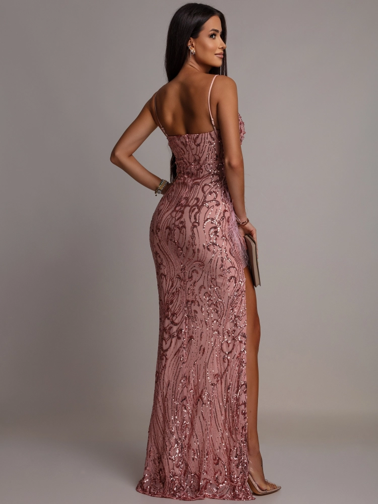 Elegancka sukienka MAXI z perełkami i piórkami różowa PREMIUM