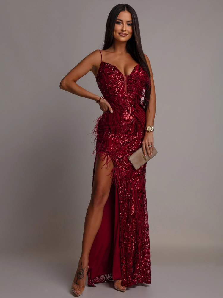Elegancka sukienka MAXI z perełkami i piórkami bordowa PREMIUM