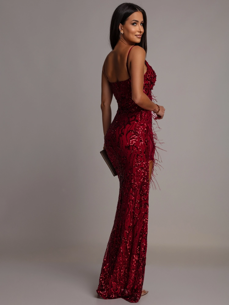 Elegancka sukienka MAXI z perełkami i piórkami bordowa PREMIUM