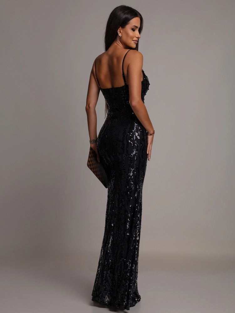 Elegancka sukienka MAXI z perełkami czarna PREMIUM