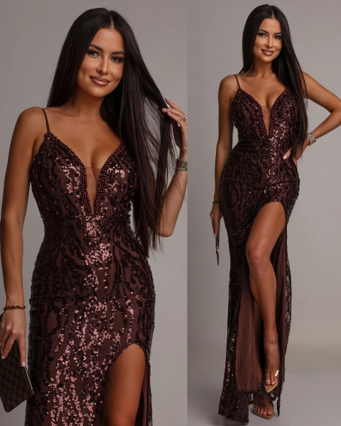 Elegancka sukienka MAXI z perełkami czekoladowa PREMIUM