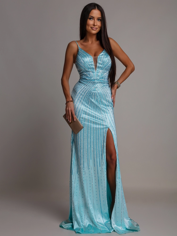 Elegancka sukienka welur MAXI z cyrkoniami niebieska PREMIUM