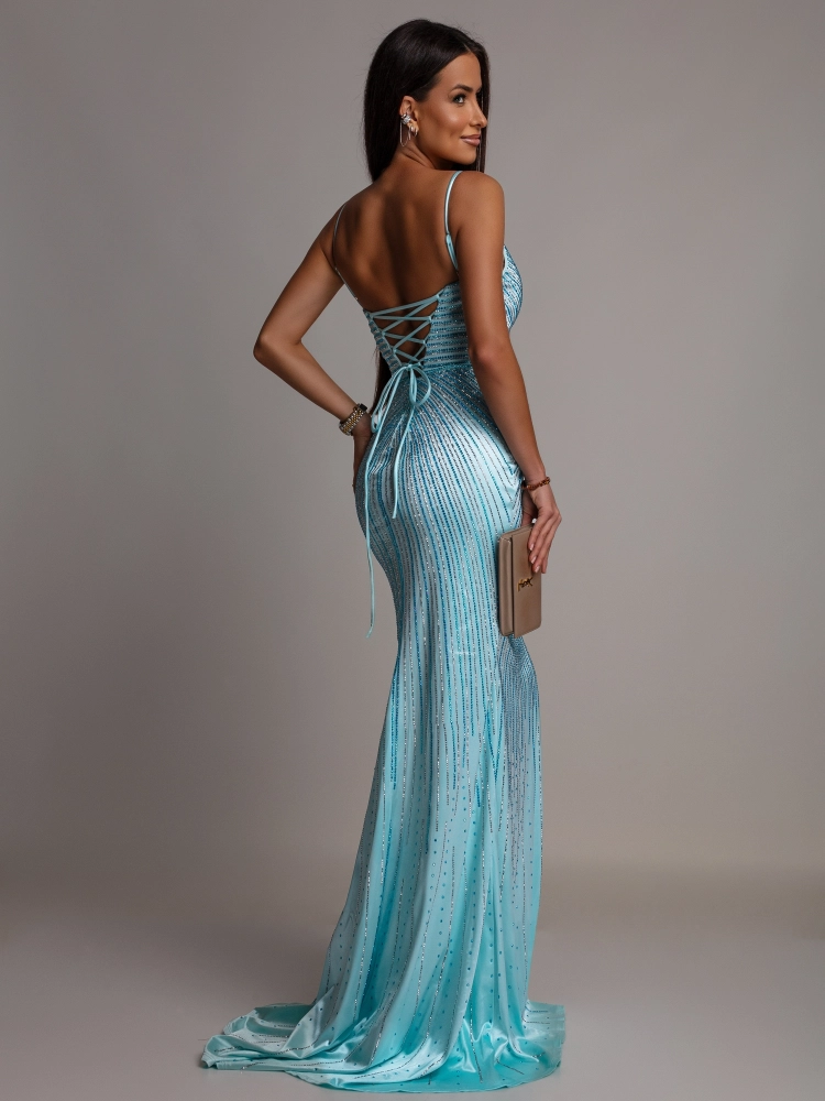 Elegancka sukienka welur MAXI z cyrkoniami niebieska PREMIUM